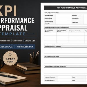 Pode incluir: Um modelo de avaliação de desempenho de KPI com o texto "KPI Performance Appraisal Template". O modelo é um formulário de 1 página, disponível nos formatos DOCX editável e PDF imprimível. A imagem inclui uma caneca de café, uma caneta e um bloco de notas.