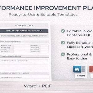 以下が含まれることがあります： 「PERFORMANCE IMPROVEMENT PLAN」というタイトルの白いドキュメント。グレーのヘッダーがあり、従業員情報とパフォーマンスに関する懸念事項のセクションがあります。ドキュメントは「Ready-to-Use & Editable Templates」と表示されています。WordとPDFのアイコンも表示されています。