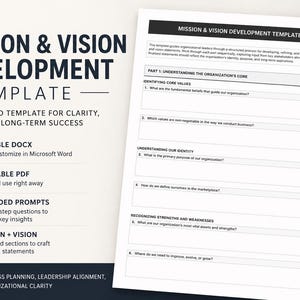 Könnte beinhalten: Ein 5-seitiges Mission & Vision Development Template. Das Dokument enthält Abschnitte zur Identifizierung von Kernwerten, zum Verständnis der Identität und zur Erkennung von Stärken und Schwächen. Es ist für die Unternehmensplanung, die Führungsausrichtung und die organisatorische Klarheit konzipiert.