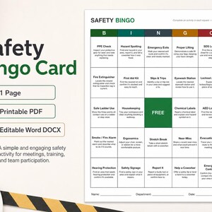Safety Bingo Card Template | Workplace Safety Game Printable | Safety Meeting Activity for Employees | Editable Word & PDF