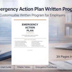 Puede incluir: Un documento blanco titulado "Plan de Acción de Emergencia" con un programa escrito personalizable para empleadores. El documento incluye tablas rellenables y procedimientos de emergencia. Un portátil y una planta están en el fondo.