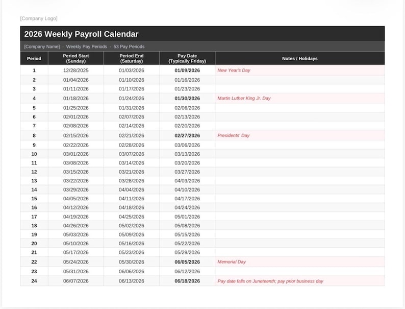 2026 Weekly Payroll Calendar Excel Template | Automated Pay Dates | PDF