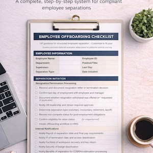 May include: Employee Offboarding Checklist + Quick Reference Guide on a clipboard. The checklist includes sections for employee information, separation initiation, and internal notifications. A laptop, pen, and coffee cup are also visible.