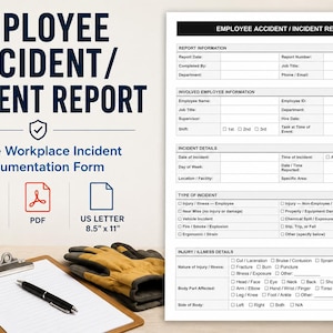 Op de afbeelding: Een formulier "Werknemer Ongeval/Incident Rapport", met de tekst "3-pagina's Werkplek Incident Documentatie Formulier". Inclusief DOCX-, PDF- en US Letter 21,6 cm x 27,9 cm pictogrammen. Een klembord, pen, werkhandschoenen en helm staan op de voorgrond.