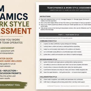 以下が含まれることがあります： 黒いテキストで「Team Dynamics & Work Style Assessment」と題された白いドキュメント。 ドキュメントには、指示、評価セクション、チーム開発のプロンプトが含まれています。 緑色のロゴには「Team Development Tool」と書かれています。