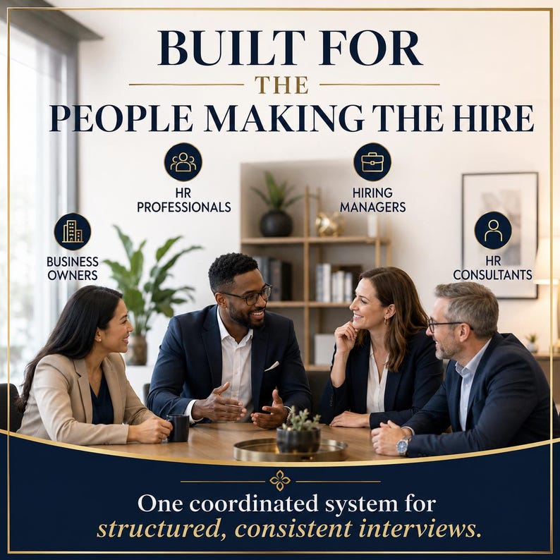 May include: A professional graphic featuring the text BUILT FOR THE PEOPLE MAKING THE HIRE and One coordinated system for structured, consistent interviews. Icons label Business Owners, HR Professionals, Hiring Managers, and HR Consultants.