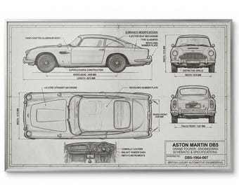 Aston Martin DB5 Blueprint Poster – Classic Car Technical Drawing