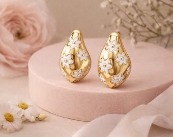 925 Sterling Silver Enamel Floral Stud Earrings | Elegant Teardrop Silver Jewelry