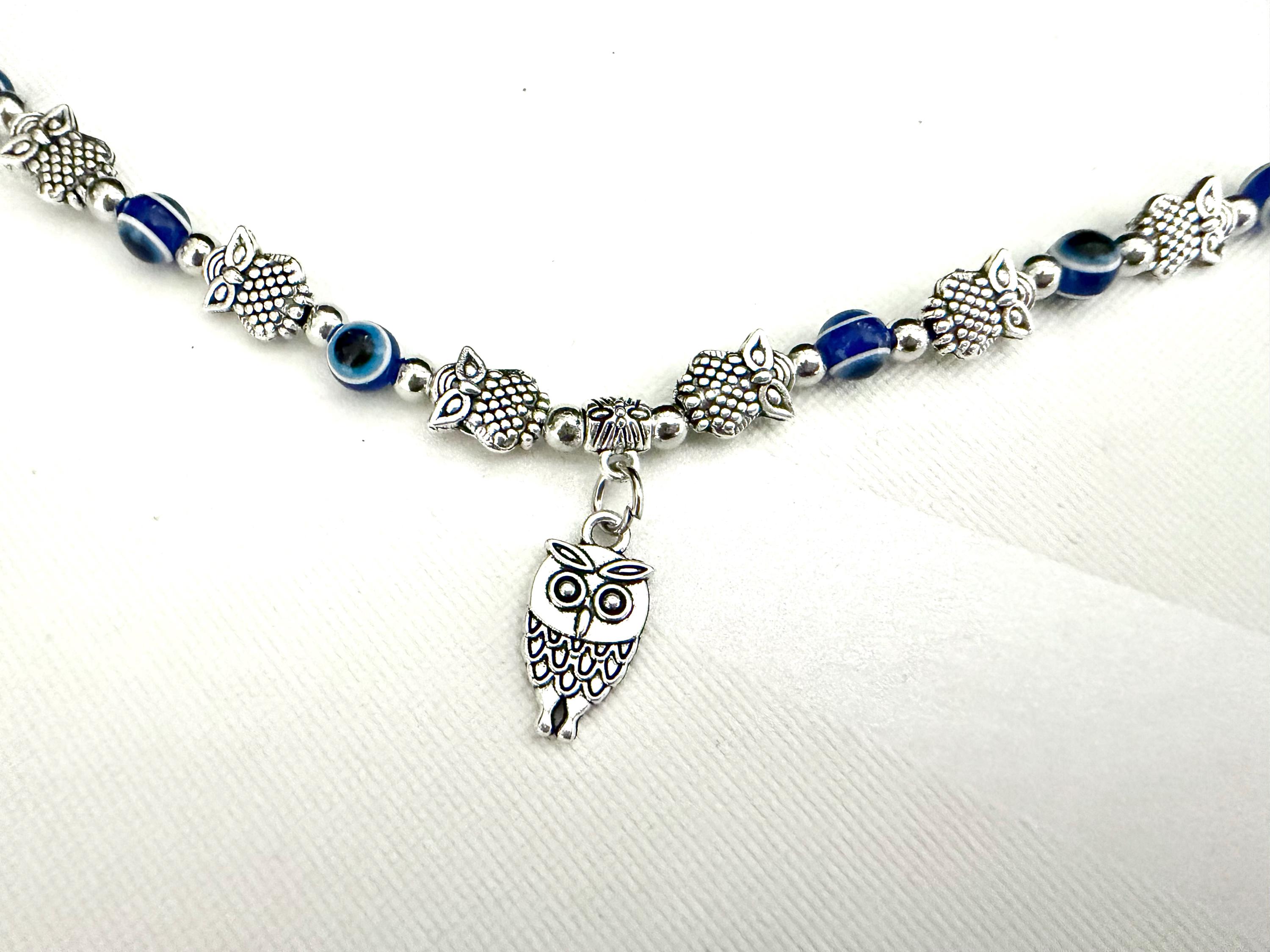 Owl Charm Bracelet Blue Evil Eye Beaded Silver Tone Owl Jewelry Adjustable Lucky Protection Gift for