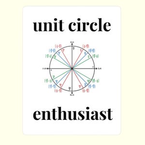 Könnte beinhalten: Ein weißer rechteckiger Druck mit dem schwarzen Text unit circle oben und enthusiast unten. In der Mitte befindet sich ein schwarzes Kreisdiagramm mit farbigen Linien, Koordinatenpunkten und mathematischen Brüchen in Rot, Blau und Grün.