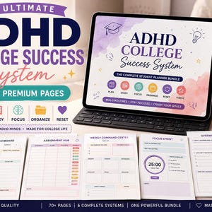 Könnte beinhalten: Ein digitales Tablet mit dem Ultimate ADHD College Success System Planer-Bundle, das über 70 Seiten an Werkzeugen enthält. Gedruckte Blätter umfassen ein tägliches Dashboard, einen Aufgaben-Hub, ein wöchentliches Kommandozentrum und Fokus-Sprints.