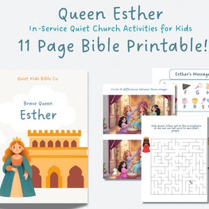 May include: A printable activity set for kids titled "Queen Esther." The cover features an illustration of Queen Esther in a teal dress and gold crown. The set includes Bible-themed activities, such as a maze and a word puzzle.