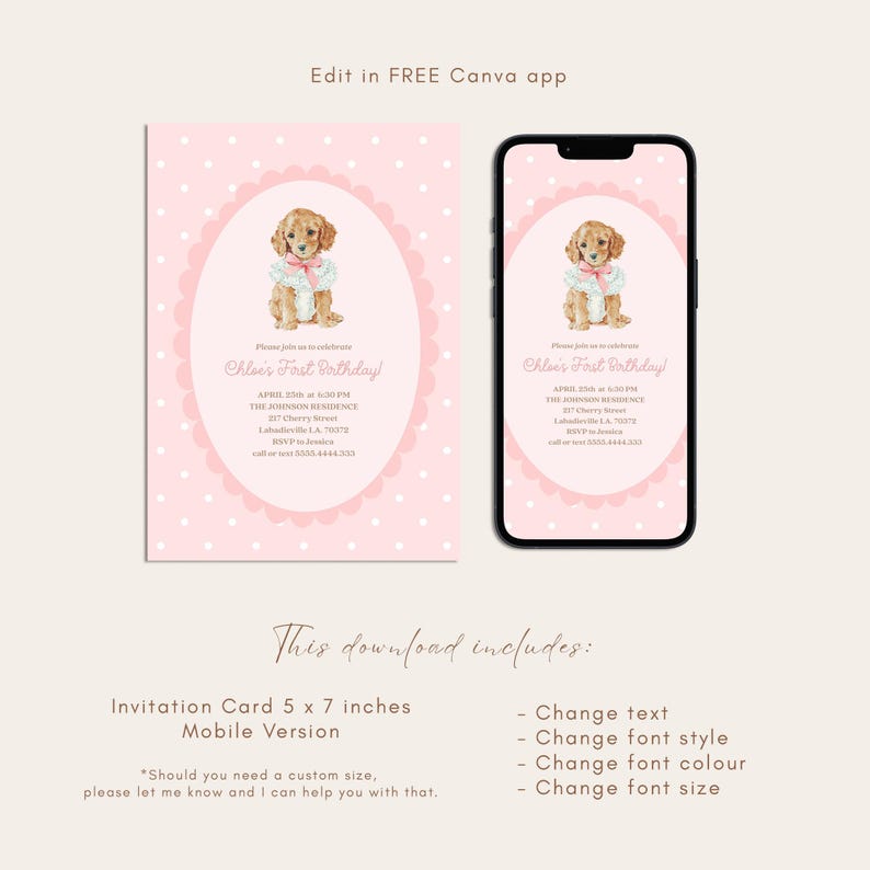 Pink Puppy Birthday Invitation, Watercolor Dog Girl Party Invite (canva ...