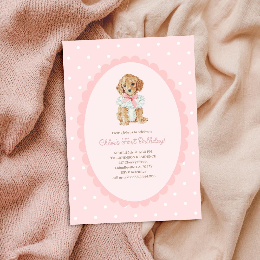 Pink Puppy Birthday Invitation, Watercolor Dog Girl Party Invite (canva ...