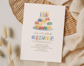 Invitación de cumpleaños con temática de bloques de construcción, invitación para fiesta con coloridos bloques de juguete (plantilla editable de Canva)