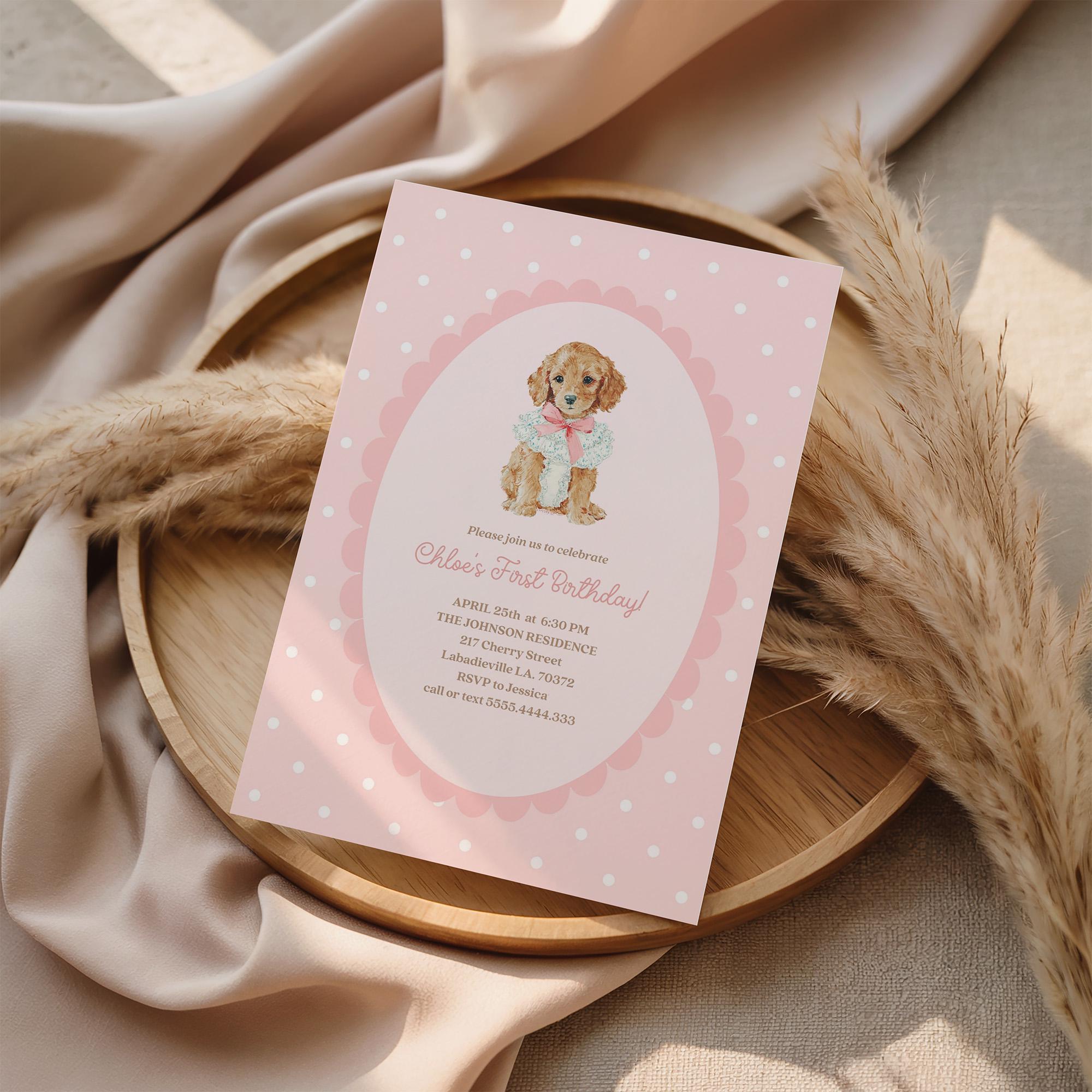 Pink Puppy Birthday Invitation, Watercolor Dog Girl Party Invite (canva ...