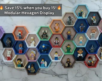 Vitrine modulaire hexagonale pour figurines | Support mural à emboîtement pour Minifigs LEGO | Organiseur de figurines encliquetable et kit d'étagères flottantes