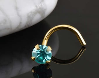 14K, 18K, 24K, Or blanc massif, Or rose ou Or jaune Anneau de nez Vis Stud Bone ou L Bend. Aqua tchèque 3 mm, 3,5 mm. 22G, 20G, 18G