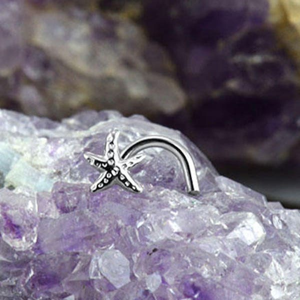 14KT White or Yellow Gold Nose Ring, Stud, Screw, L Bend or Nose Bone. Starfish. Choose your Gauge 22G 20G 18G. Backing Included.