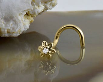 14K White Gold or Yellow Gold Nose Ring, Screw, L Bend Stud or Bone. 3mm Flower. Choose Your Gauge 22G 20G 18G & Style. Backing Included