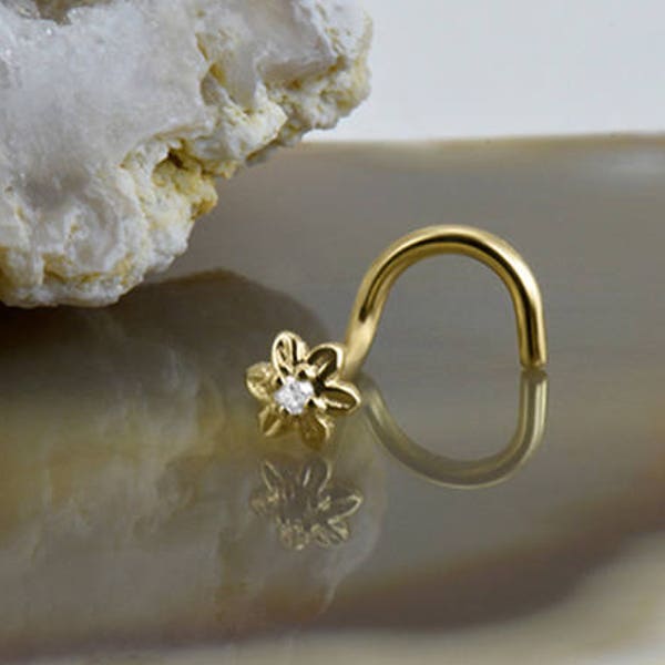 14K White Gold or Yellow Gold Nose Ring, Screw, L Bend Stud or Bone. 3mm Flower. Choose Your Gauge 22G 20G 18G & Style. Backing Included