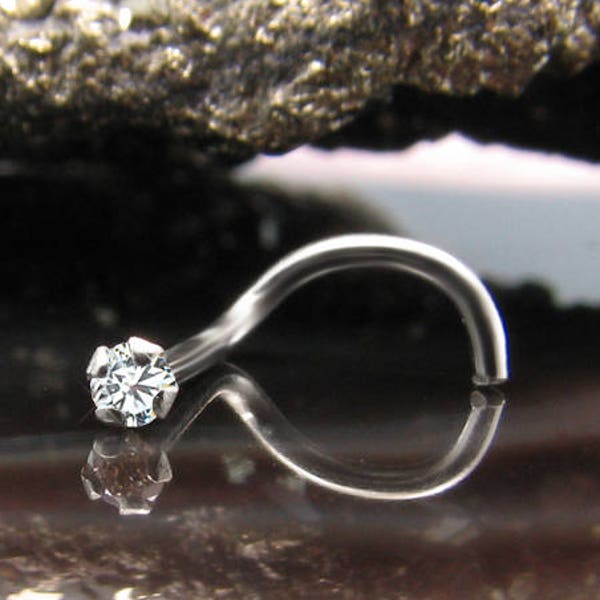 14K, 18K, 24K, Solid White Gold Nose Ring Screw Left Nostril 1.5mm, 2mm, 2.5mm, 3mm Genuine Diamond. Choose Your Gauge. 22G, 20G, 18G