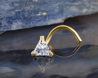 14K Yellow Gold, White Gold or Rose Gold Nose Ring, Stud, Screw, L Shape or Nose Bone. Single Triangle CZ. 22G 20G 18G. Backing Included.