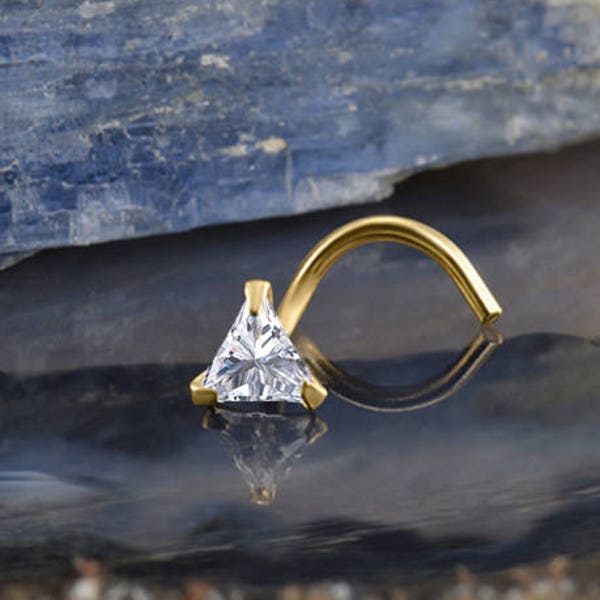 14K Yellow Gold, White Gold or Rose Gold Nose Ring, Stud, Screw, L Shape or Nose Bone. Single Triangle CZ. 22G 20G 18G. Backing Included.