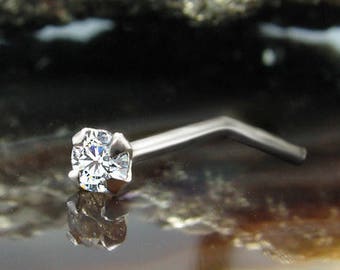 14K, 18K, 24K, Anneau de nez en or blanc massif L Bend L Shape 1,5 mm, 2 mm, 2,5 mm, 3 mm Diamant véritable. Choisissez votre jauge. 22G, 20G, 18G