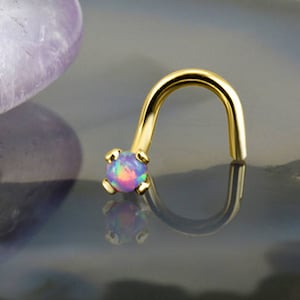 18K Solid Yellow Gold Nose Ring Screw Stud or Bone 2mm Purple Opal 20G Choose Your Style