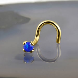 18K Solid Yellow Gold Nose Ring Screw Stud or Bone 2mm Blue Opal 20G Choose Your Style