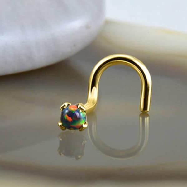 18K Solid White Gold, Yellow Gold Nose Ring Screw Stud or Bone 2mm Black Opal 20G Choose Your Style