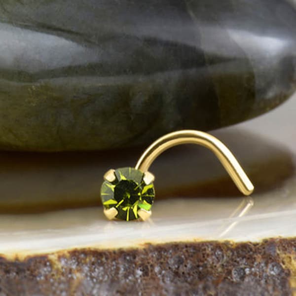 14K, 18K, 24K, Rose, Yellow, or White Gold Nose Ring Screw Stud Bone or L Bend. 1.5mm, 2mm,2.5mm, 3mm, 3.5mm Olivine Green. 22G, 20G, 18G