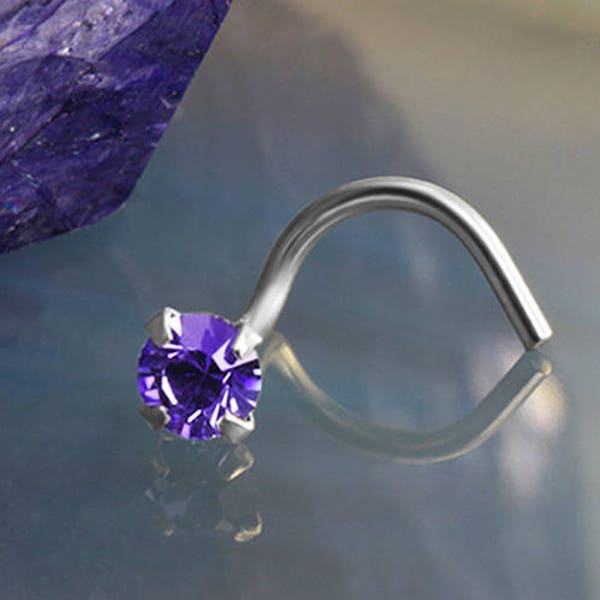 14K, 18K, 24K, Solid White Gold, Rose Gold or Yellow Gold Nose Ring Screw Stud Bone or L Bend. 3mm Tanzanite Purple. Choose 22G 20G 18G