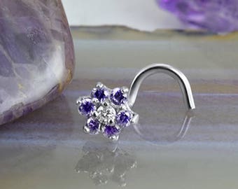 14K White Gold or Yellow Gold Nose Ring, Stud, Screw, L Shape or Nose Bone. Amethyst Purple Flower Cluster. 22G 20G 18G. Backing Included.