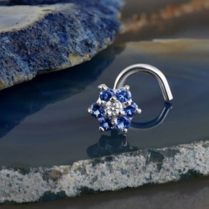 14K Yellow Gold or White Gold Nose Ring, Stud, Screw, L Shape or Nose Bone. Sapphire Blue Flower Cluster. 22G 20G 18G. Backing Included.