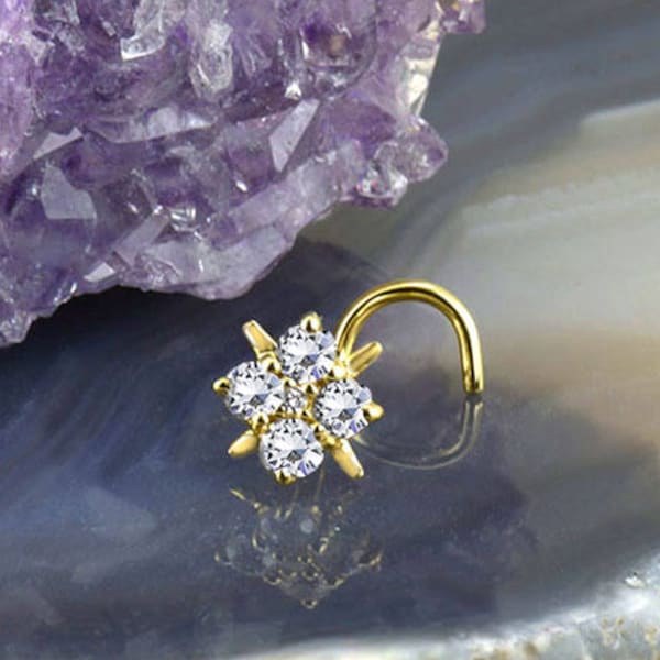 14K Solid White Gold or Yellow Gold Nose Ring, Screw, L Bend Stud or Bone. Flower Diamond. Choose Your Gauge 22G 20G 18G & Style.