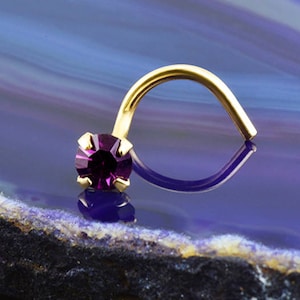14K, 18K, 24K, Solid White Gold, Yellow Gold or Rose Gold Nose Ring Screw Stud Bone or L Bend.2mm,2.5mm, 3mm Amethyst Purple. Choose Gauge.