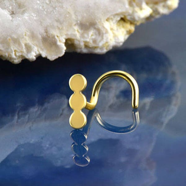 14K Yellow Gold Nose Ring, Stud, Screw, L Bend or Nose Bone. Triple Flat Disc. Choose your Gauge 22G 20G 18G. Nose Ring Backing Included.