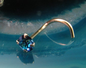14K, 18K, 24K, Solid White Gold, Yellow Gold or Rose Gold Nose Ring Screw Stud Bone or L Bend, 2mm, 3mm Bermuda Blue. Choose Your Gauge.