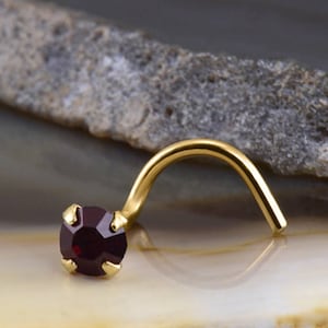 Può includere: Un anello per il naso in oro con una piccola pietra preziosa di colore rosso scuro.