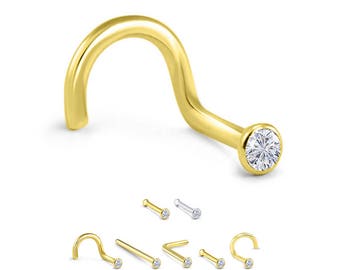 18K Yellow Gold White Gold Nose Ring, Screw, L Bend Stud, Bone. 2.5mm Clear Bezel. Choose Your Gauge 22G 20G 18G & Style. Backing Included