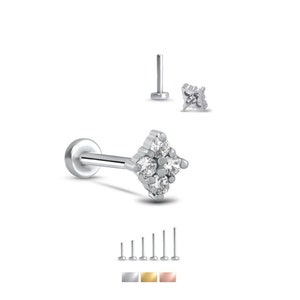 316L Surgical Steel, Yellow or Rose Gold Labret Style Nose Ring Stud Threadless Push Pin Post 4 Stone Cluster 20G, 18G, 16G