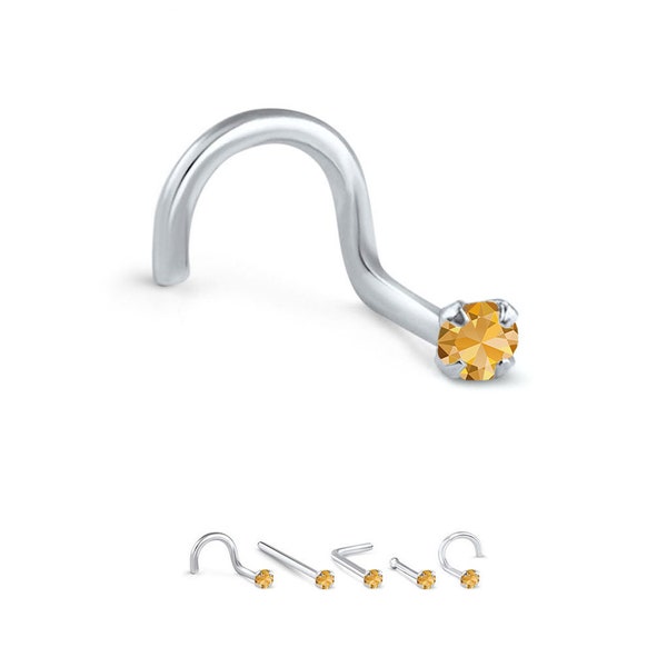 14K White Gold, Yellow Gold, Rose Gold Nose Ring Screw Stud Bone, L Bend. 1.5mm, 2mm, 2.5mm, 3mm, Genuine Citrine 22G, 20G, 18G