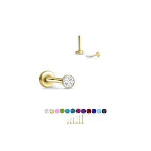 316 Stainless Steel, Yellow Gold Plated Labret Nose Ring Monroe Stud Threadless Push Pin 1mm CZ. 5mm 6mm 7mm 8mm 9mm 10mm Posts. 20G 18G