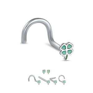 May include: A silver nose ring with a green four-leaf clover charm. The ring is made of surgical steel and is available in a variety of colors.