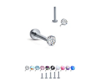 Titanium Labret Style Nose Ring Monroe Stud Threadless Push Pin 2mm Prong set CZ. 4mm, 5mm 6mm 7mm 8mm 9mm Post Lengths 20G 18G 16G
