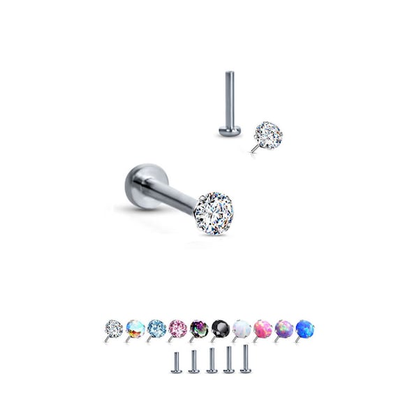 Titanium Labret Style Nose Ring Monroe Stud Threadless Push Pin 2mm Prong set CZ. 4mm, 5mm 6mm 7mm 8mm 9mm Post Lengths 20G 18G 16G