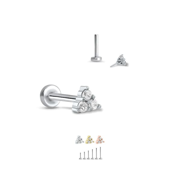 316L Surgical Steel, Yellow or Rose Gold Labret Style Nose Ring Stud Threadless Push Pin Post Trinity 20G, 18G, 16G