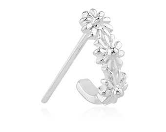 925 Sterling Silver Nose Hugger®, Nose Ring, Straight Stud, L Bend, L Shape, Nose Screw. Flower Design- Choose Your Style & Gauge.